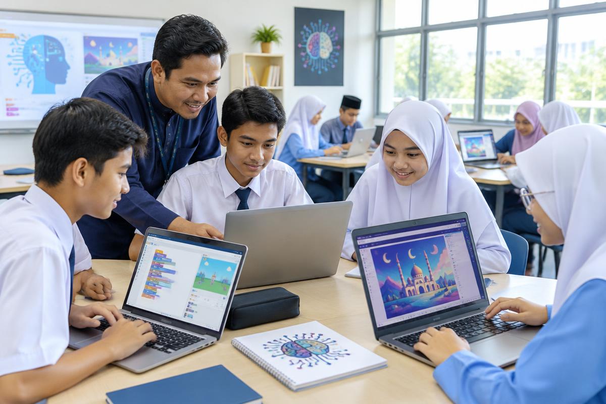 AI workshop illustration — students creating projects with laptops