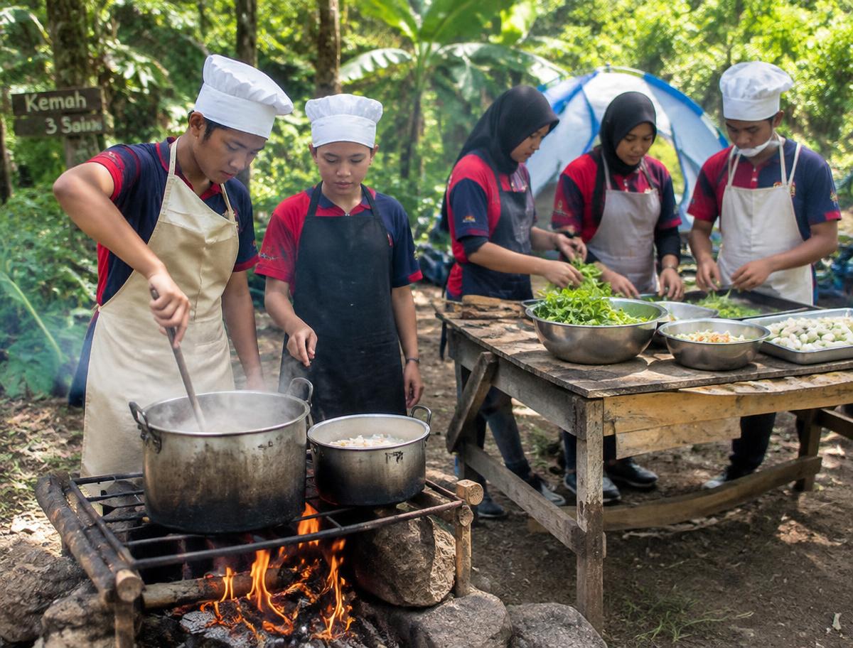 Students cooking together at the campsite