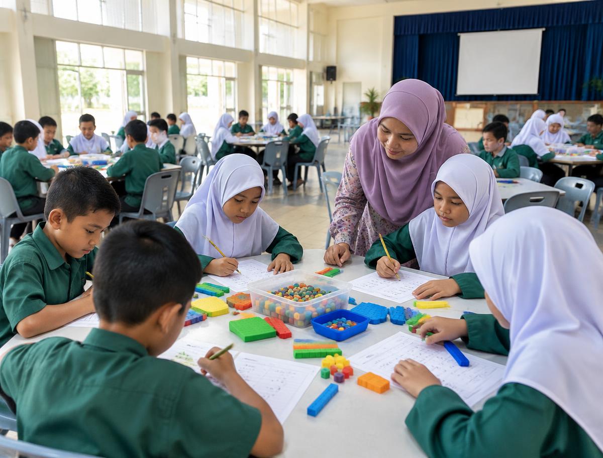Students learning mathematics in a school hall